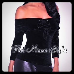 Hot Miami Styles Black Velvet Lace Up Top - Small